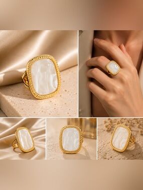 Gold Mother of Pearl Statement Ring • Minimalist Luxury Adjustable Ring